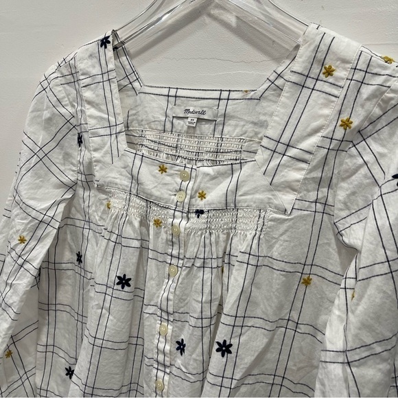Madewell Embroidered Windowpane Square Neck Button Down Top Size X-Small - Picture 5 of 14